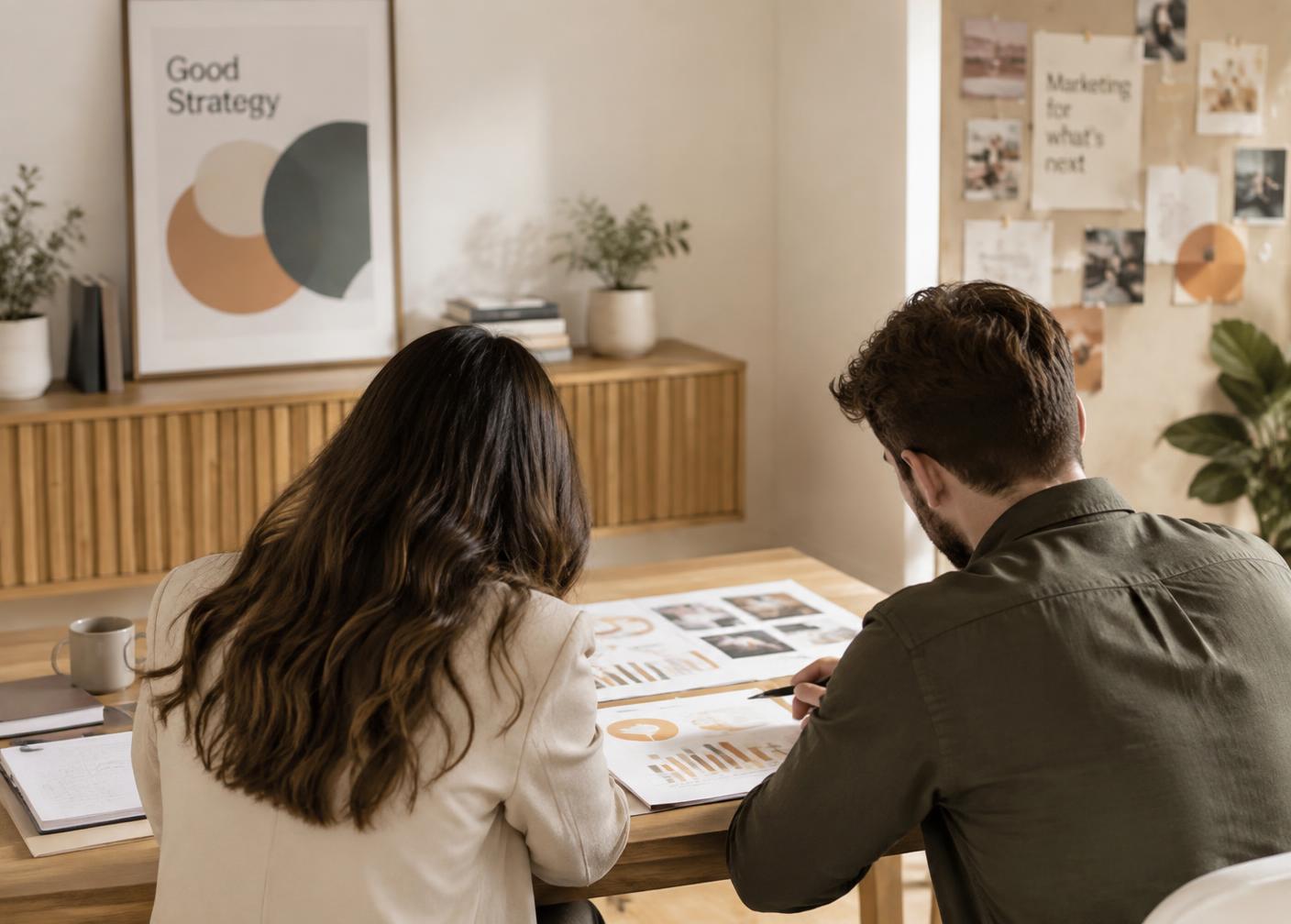 Deux professionnels analysant des documents de performance marketing
